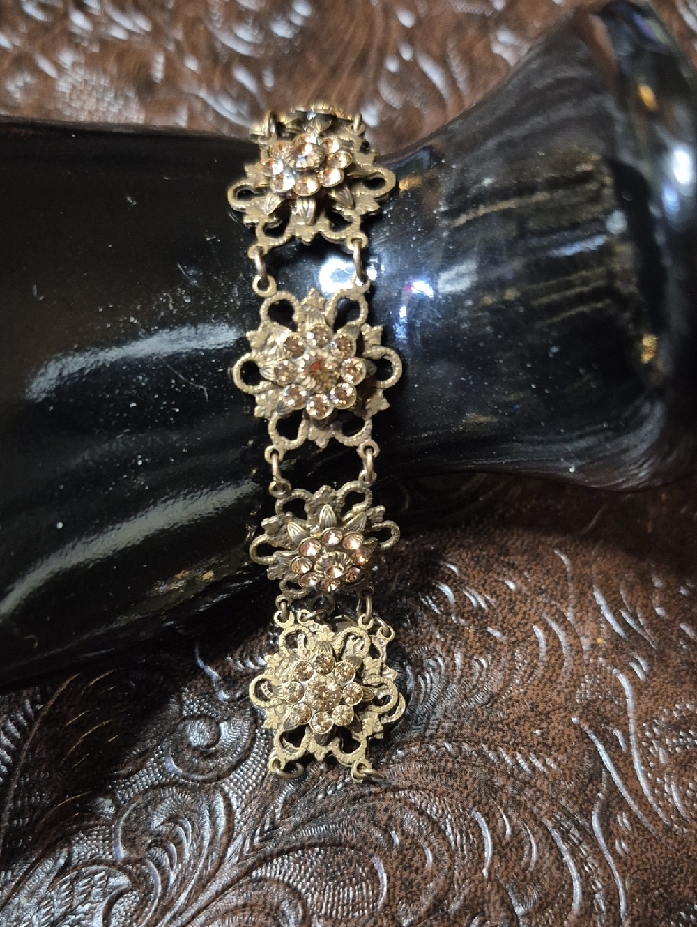 Vintage Kenny Ma Floral Crystal Link Bracelet in Brass Tone
